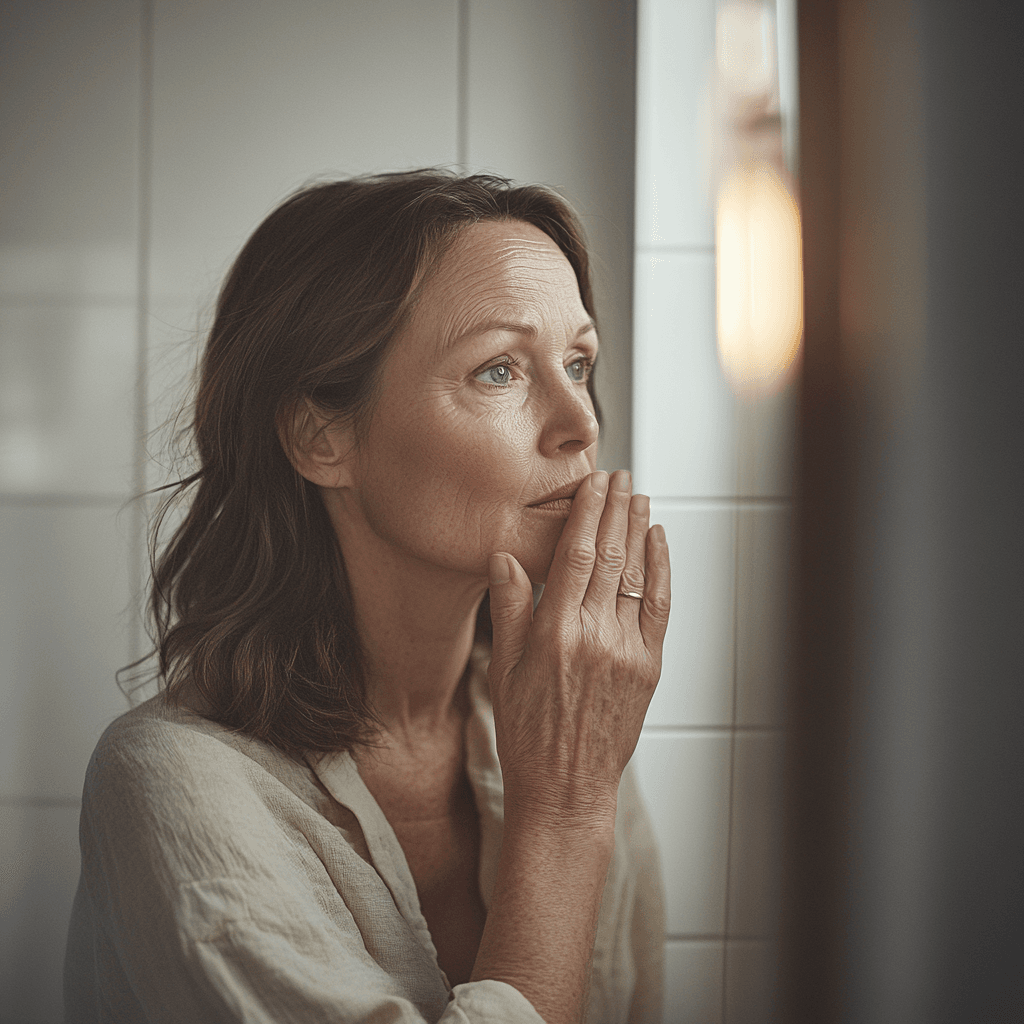 mariopgs_24564_A_thoughtful_woman_in_her_40s_gently_touching_he_3aa95868-8eff-4c0c-9579-b5743b2d0b23